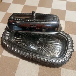 Vintage Irvinware Stainless Steel Butter Dish with Glass Insert Liner